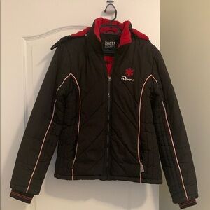 Roots Black Quilted Jacket with Red Hood
